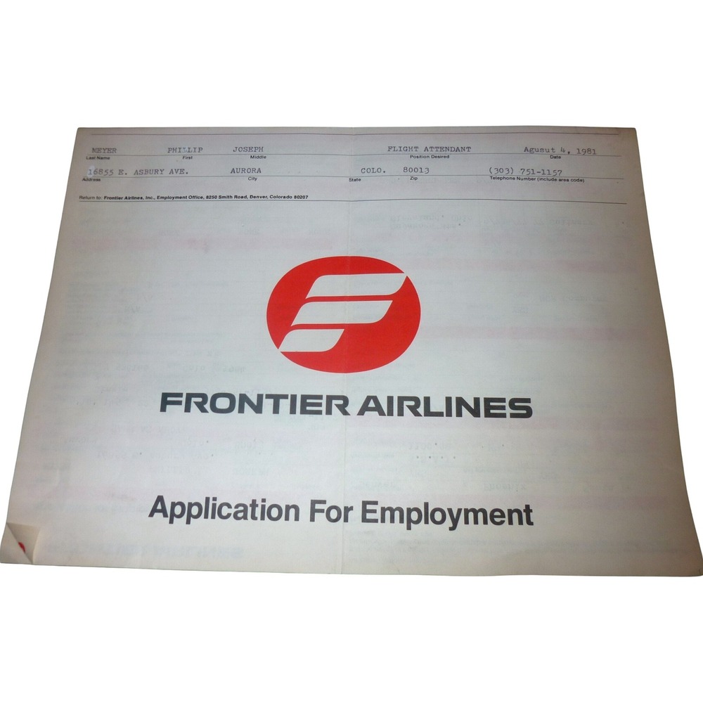 1981 Frontier Airlines Employment Application Form Flight Attendant Denver
